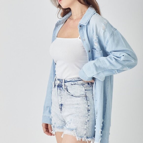 Hazel Blues® |  RISEN Raw Hem Distressed High Rise Denim Shorts - Picture 6 of 7